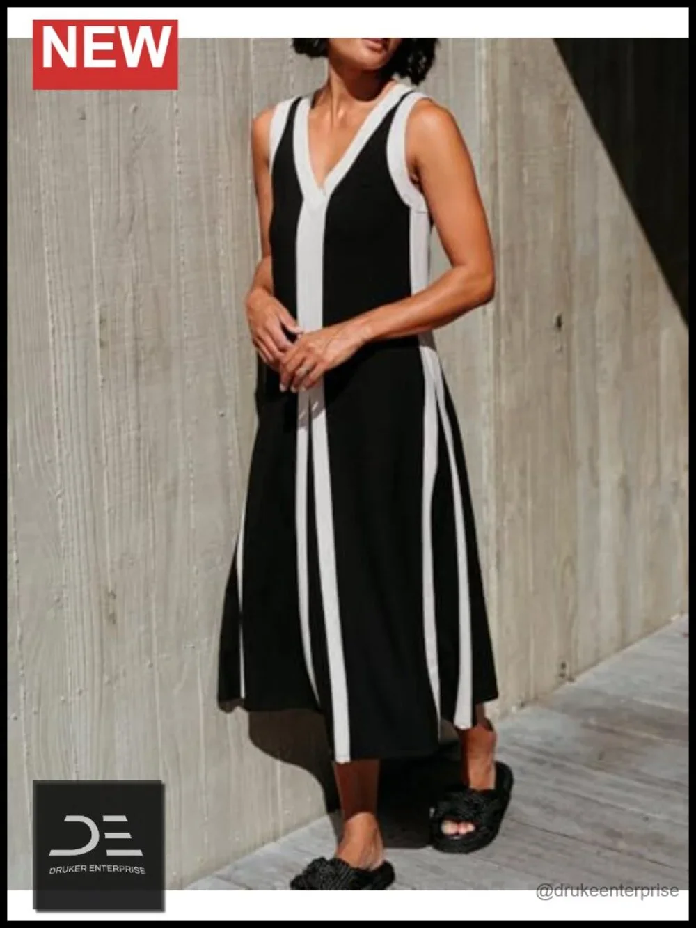 Sleeveless V Neck Color Block Midi Dress with Slit